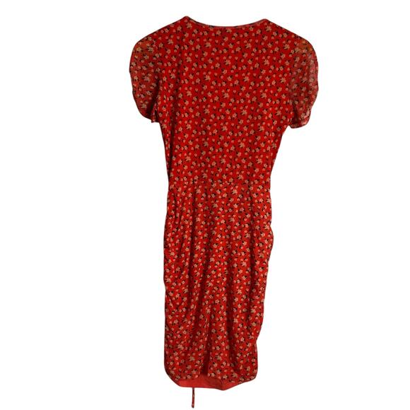Louna Red Floral Print Mesh Ruched Short Sleeve Scoop Neck Mini Dress Size M - Picture 12 of 13